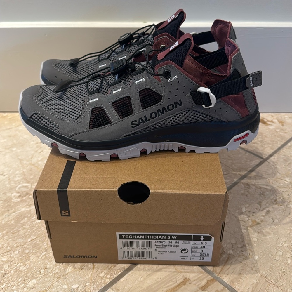 Salomon Techamphibian 5 W Gray and Burgundy Athletic Shoes